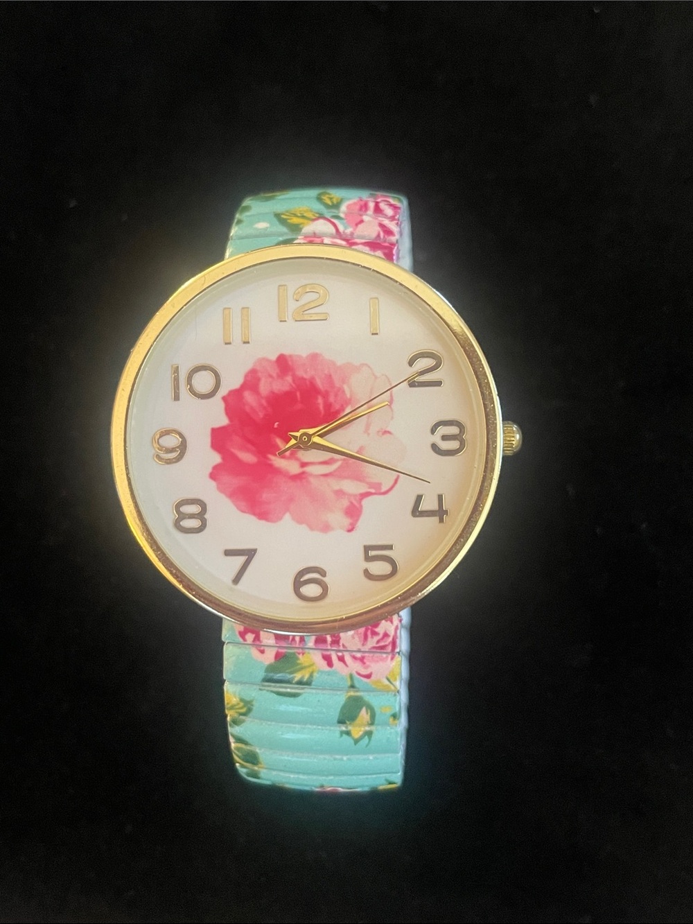 BLAIR Floral Pink Dial Women's Watch with Aqua Floral Band RUNS WELL!